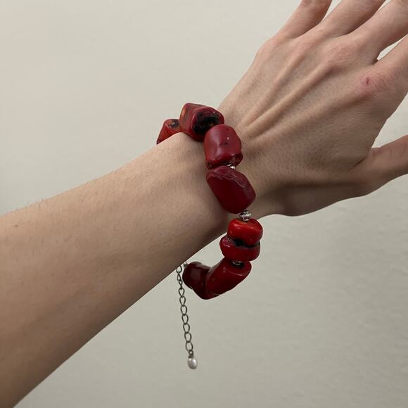 Vintage Y2K Chunky Natural Red Coral Bracelet Silver Tone Chain Pearl Adjustable - Picture 4 of 16